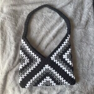 Crochet Granny Square Shoulder Bag Blk White Grey Boho Hobo Tote Y2K Knit Purse